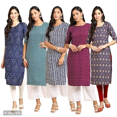 Attractive Straight Multicoloured Printed Crepe Kurta Combo For Women Pack Of 5