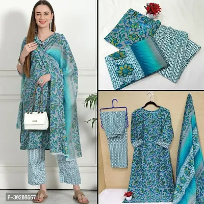 Elegant Cotton Printed Kurta with Pant And Dupatta Set For Women