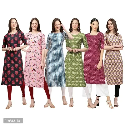 Women Crepe Digital Printed Straight Kurti  Pack of 6