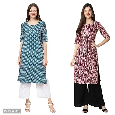 Stylish Straight Multicoloured Printed Crepe Kurta For Women Combo Pack Of 2