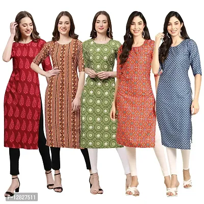 Attractive Straight Multicoloured Printed Crepe Kurta Combo For Women Pack Of 5