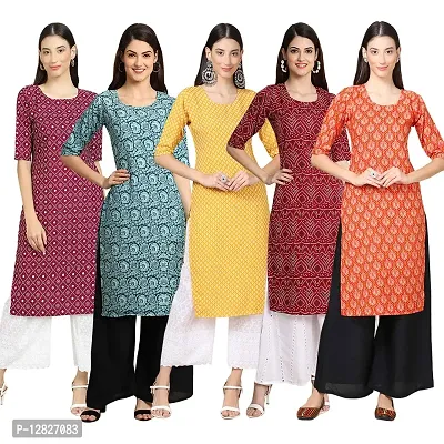 Women Crepe Digital Printed Straight Kurti { Pack of 5 }-thumb0