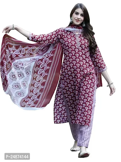 Stylish Cotton A-Line Maroon Printed Kurta, Bottom and Dupatta Set For Women-thumb2