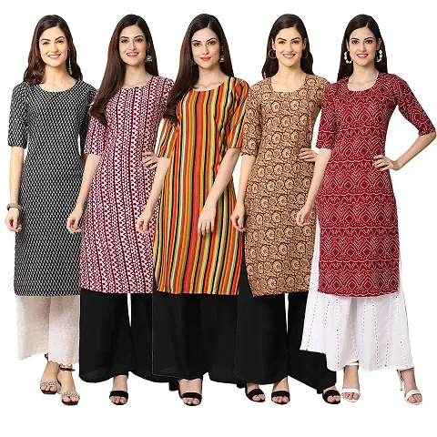 Stylish Fancy Crepe Digital Straight Kurti Combo For Women Pack Of 5