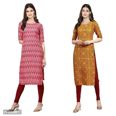 Stylish Straight Multicoloured Printed Crepe Kurta For Women Combo Pack Of 2