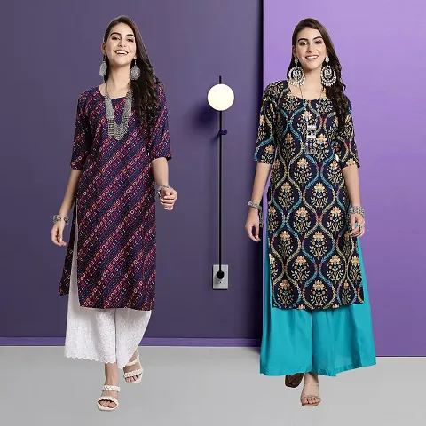 Stylish Multicoloured A-Line Crepe Printed Kurta - Pack Of 2