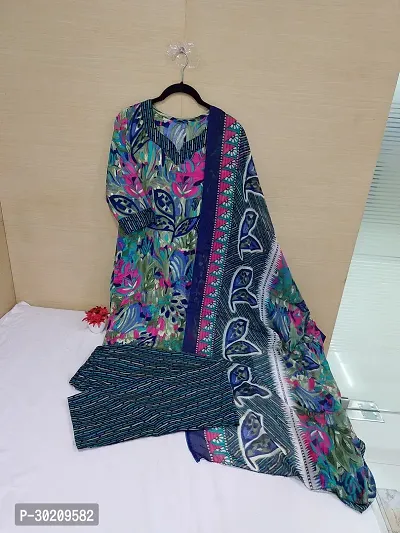 Elegant Cotton Printed Kurta with Pant And Dupatta Set For Women-thumb0