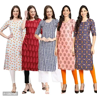 Attractive Straight Multicoloured Printed Crepe Kurta Combo For Women Pack Of 5