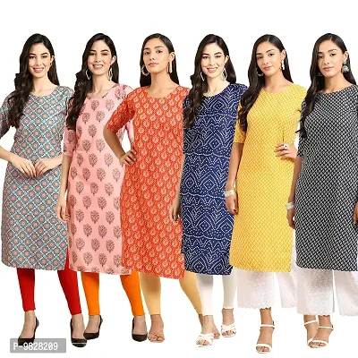 Women Crepe Digital Printed Straight Kurti  Pack of 6