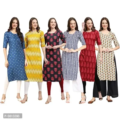 Women Crepe Digital Printed Straight Kurti  Pack of 6