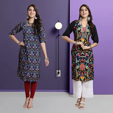 Stylish Crepe A-Line Printed Kurti - Pack of 2