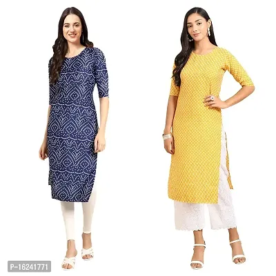 Stylish Straight Multicoloured Printed Crepe Kurta For Women Combo Pack Of 2