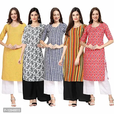 Straight Multicoloured Printed Crepe Kurta Pack Of 5-thumb0