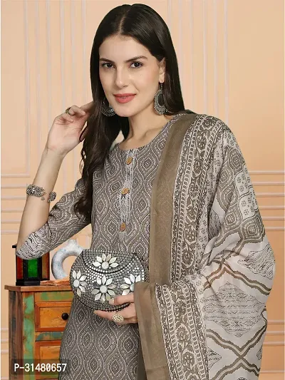 Stylish Grey Melange Cotton Blend Printed Kurta, Bottom and Dupatta Set For Women-thumb5