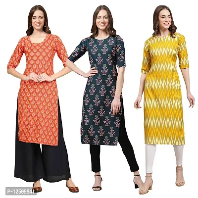 Women Crepe Digital Printed Straight Kurti  Pack of 3