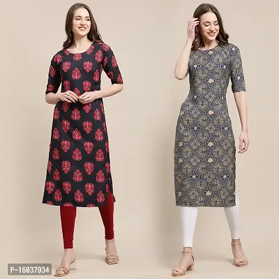 Stylish Crepe Printed Straight Kurta For Women-Pack Of 2