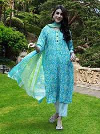 Stylish Turquoise Cotton Blend Printed Kurta, Bottom and Dupatta Set For Women-thumb1