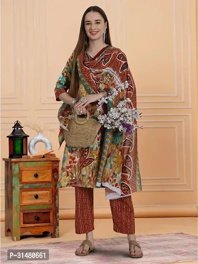 Stylish Multicoloured Cotton Blend Printed Kurta, Bottom and Dupatta Set For Women-thumb4