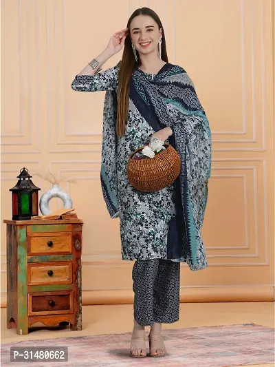 Stylish Blue Cotton Blend Printed Kurta, Bottom and Dupatta Set For Women-thumb5