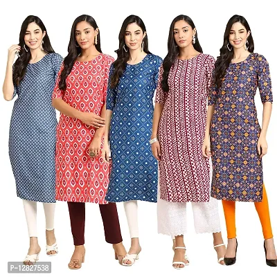 Attractive Straight Multicoloured Printed Crepe Kurta Combo For Women Pack Of 5