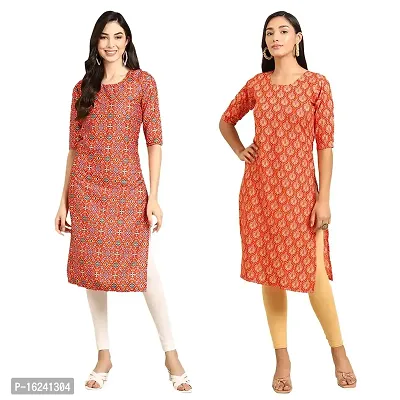 Stylish Straight Multicoloured Printed Crepe Kurta For Women Combo Pack Of 2