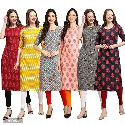 Women Crepe Digital Printed Straight Kurti  Pack of 6