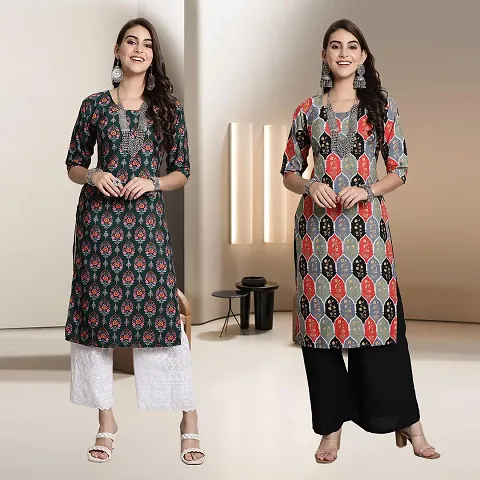 Fancy Crepe Multicoloured Straight Kurti - Pack Of 2