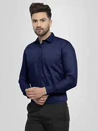 Men Stylish Navy Blue Cotton Solid Long Sleeve Semi Formal Shirt-thumb1