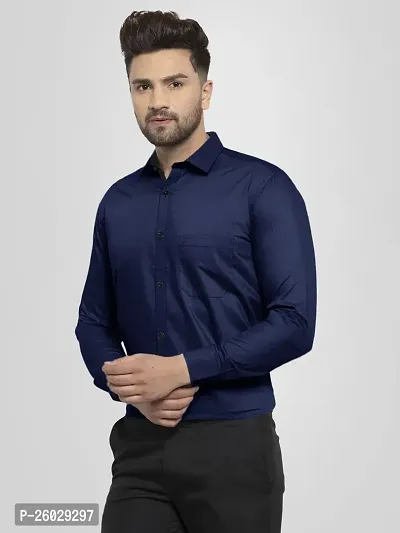 Men Stylish Navy Blue Cotton Solid Long Sleeve Semi Formal Shirt-thumb2