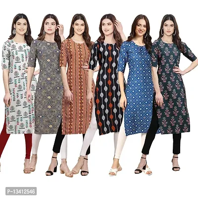 Women Crepe Digital Printed Straight Kurti Pack of 6-thumb0