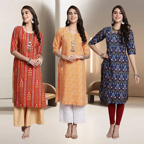 Fancy Multicoloured A-Line Rayon Kurtis - Pack Of 3