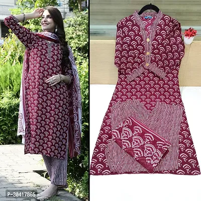 Beautiful Cotton Printed Kurta Pant And Dupatta Set For Women