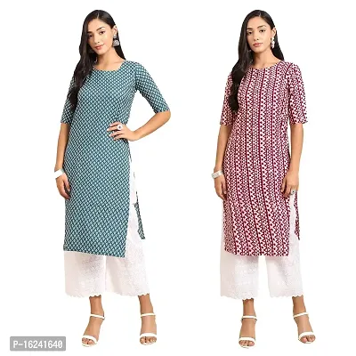 Fashionable Straight Multicoloured Printed Crepe Kurta For Women Combo Pack Of 2