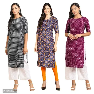 Elite Crepe Printed Straight Stitched Kurta For Women- Pack Of 3