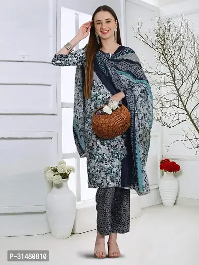 Stylish Cotton Blend Printed Kurta With Pant And Dupatta Set For Women