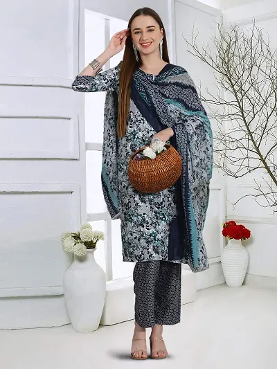 Stylish Cotton Blend Printed Straight Kurtis Bottom and Dupatta Set