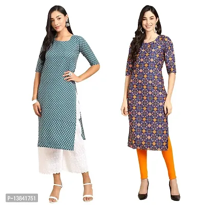 Stylish Straight Multicoloured Printed Crepe Kurta For Women Combo Pack Of 2-thumb0