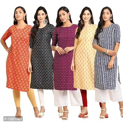 Attractive Straight Multicoloured Printed Crepe Kurta Combo For Women Pack Of 5