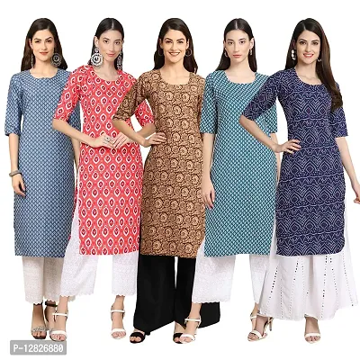 Women Crepe Digital Printed Straight Kurti { Pack of 5 }-thumb0