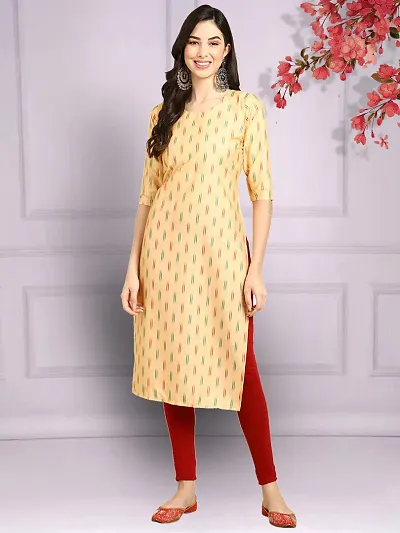 Stylish Womens Crepe Cream Color Ethnic Motif Printed Straight Kurti