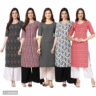 Straight Multicoloured Printed Crepe Kurta Pack Of 5