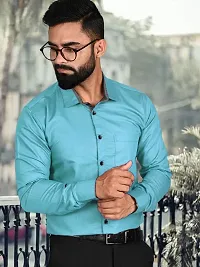 Men Stylish Blue Cotton Solid Long Sleeve Semi Formal Shirt-thumb2