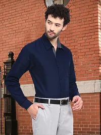 Reliable Navy Blue Cotton Solid Long Sleeves Formal Shirt For Men-thumb2