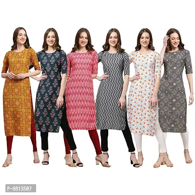 Women Crepe Digital Printed Straight Kurti  Pack of 6