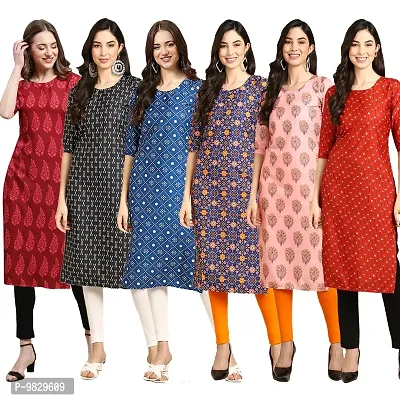 Women Crepe Digital Printed Straight Kurti  Pack of 6