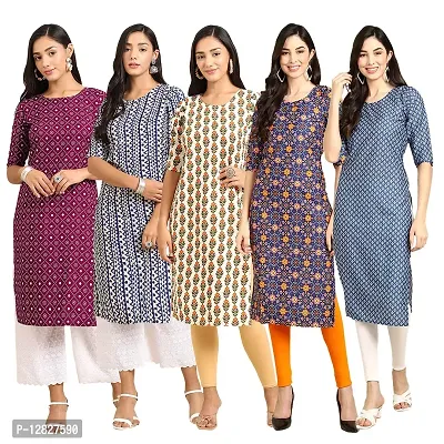 Attractive Straight Multicoloured Printed Crepe Kurta Combo For Women Pack Of 5