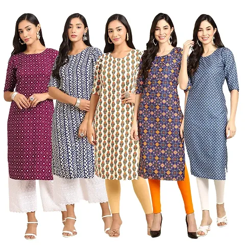 Stylish Fancy Crepe Digital Straight Kurti Combo For Women Pack Of 5