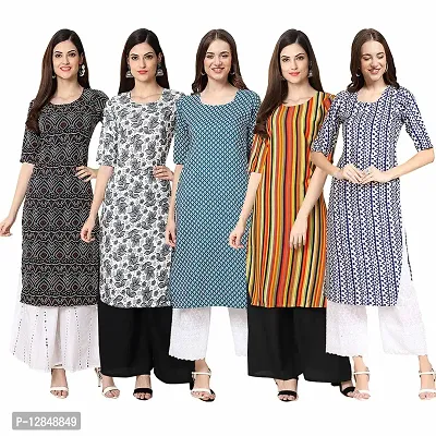 Straight Multicoloured Printed Crepe Kurta Pack Of 5