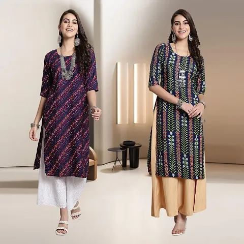 Fancy Crepe Multicoloured Straight Kurti - Pack Of 2