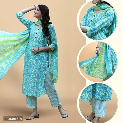 Stylish Turquoise Cotton Blend Printed Kurta, Bottom and Dupatta Set For Women-thumb0